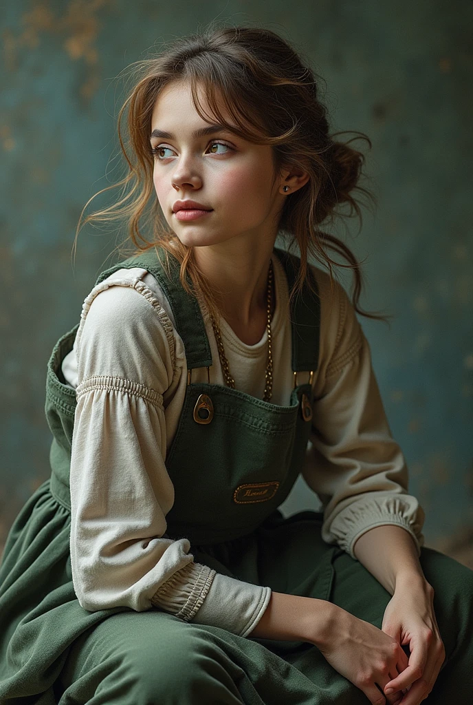 Jeune fille de 12 ans aux longs cheveux bruns et aux yeux verts pétillants. Elle porte une robe à fleurs violette avec des bottines marron qui rentre dans une cabane poussiéreux au mieux du forêt
