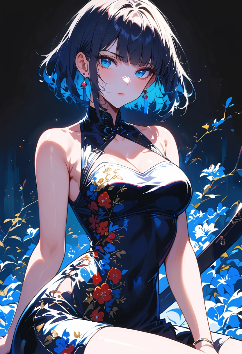 Intricate details: "((a sexy animated lady poses in revealing clothes while in fire-lit fantasy setting, breasts, 1girl 18 years old, animal ears, short hair, panties, black panties, underwear, cat ears, looking at viewer, thighhighs, cleavage, corset, blue hair, string panties)"