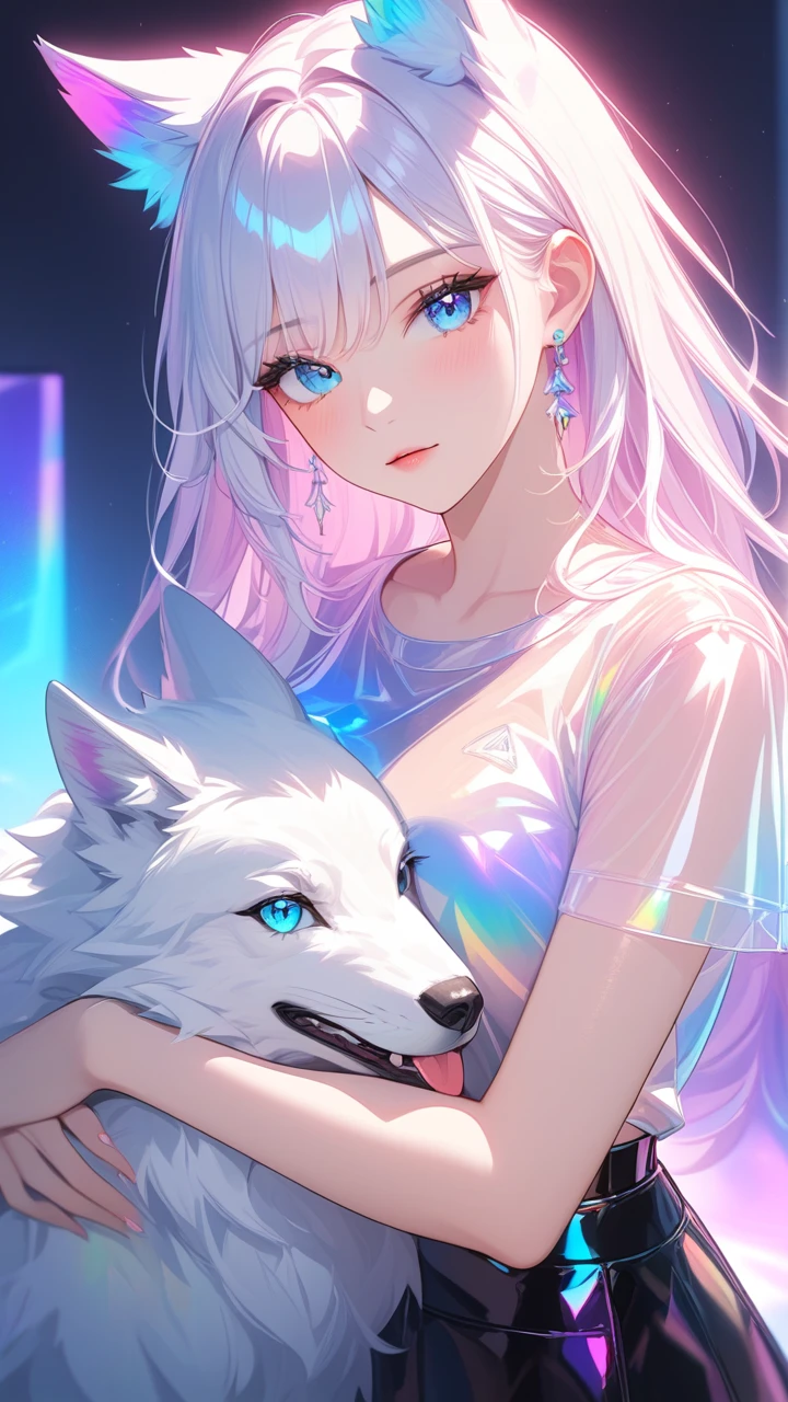 (Masterpiece, best quality:1.2), 1girl, detailed face, detailed skin, detailed eyes, detailed lips, transparentcolorvinylclothing, transparentcolorPVCclothing, chromaticaberration, prismatic, holographic, hugging white wolf 