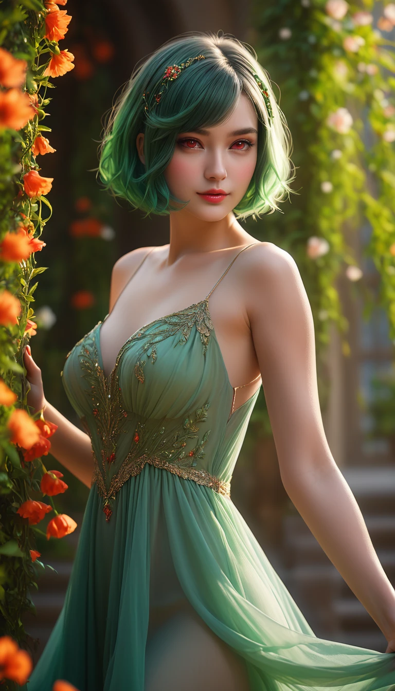 1girl, green hair, red eyes, dress, short hair, (alone:1.3), (best quality,4k,8k,highres,masterpiece:1.2),ultra-detailed,(realistic,photorealistic,photo-realistic:1.37),elegant,intricate,whimsical,fantasy,magical,ethereal,cinematic lighting,dramatic shadows,vivid colors,lush flora,serene atmosphere,delicate features,piercing gaze,graceful posture,flowing dress,soft focus,warm tones