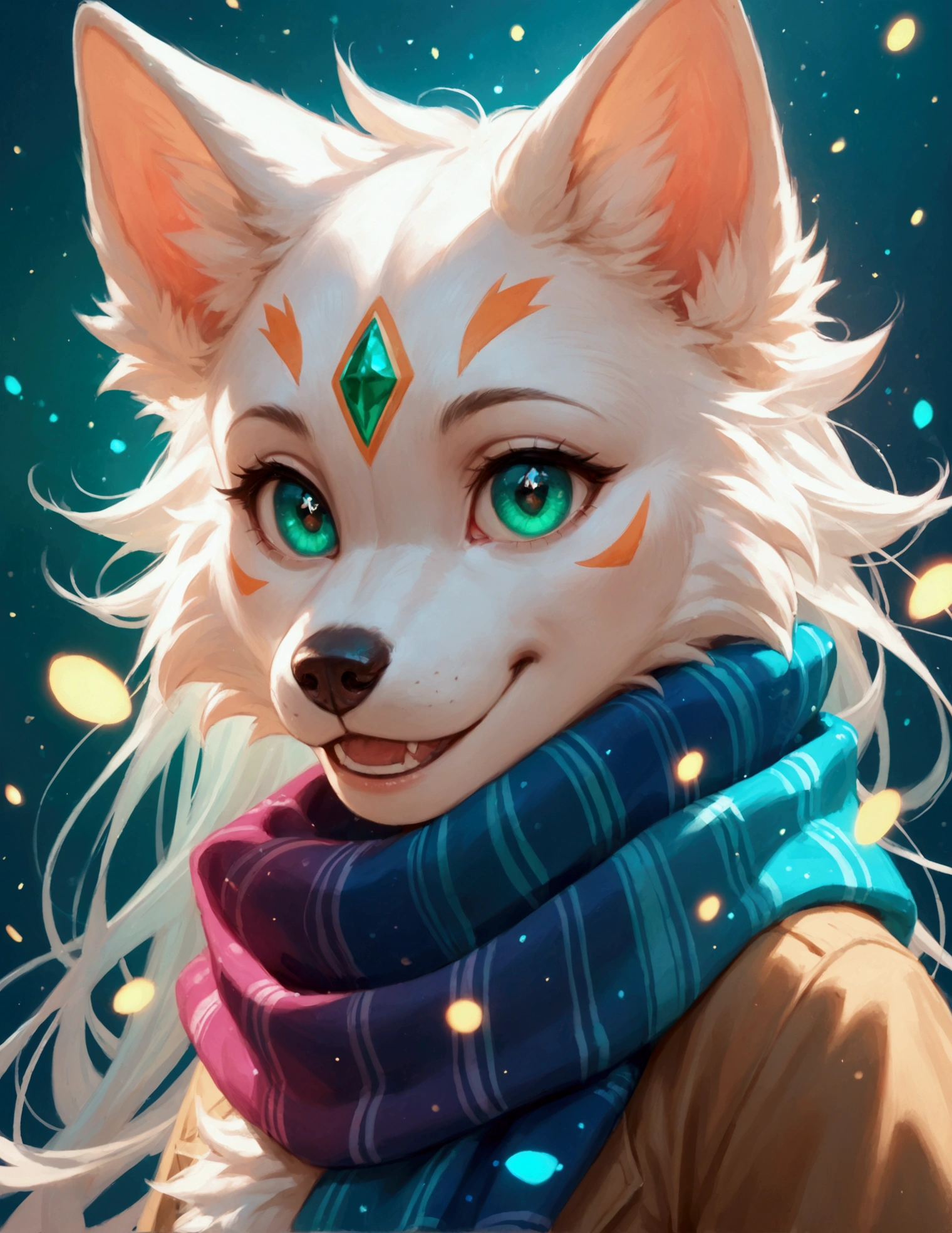 score_9, score_8_up, score_7_up, extreme face close-up, cute white wolf, giant emerald eyes, smiling at the viewer, scarf, abstract patterns, pastel background, sparkling particles.
