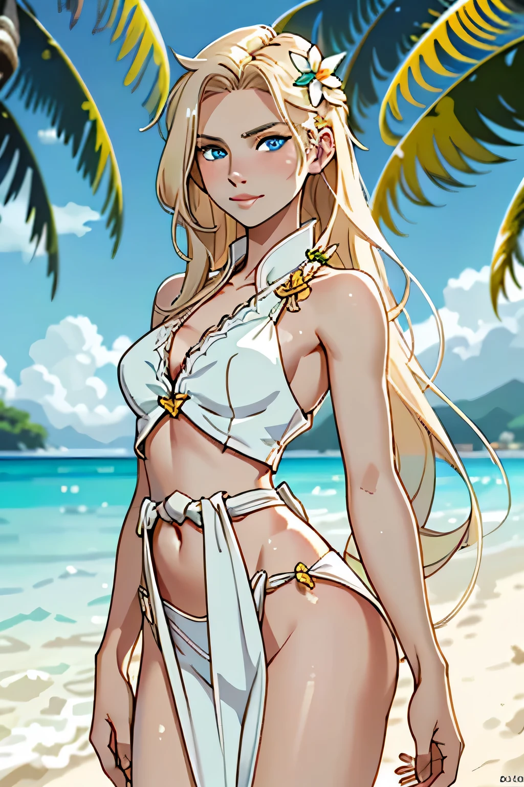 blonde hair, long hair, green eyes, with slender legs and an enticing beach pose, wearing a elegant white gown that shows off her navel, resembling an Arabian belly dancer. She has a short trimmed skirt and her flowing blonde hair is styled in a side ponytail. Her captivating blue eyes exude happiness, while her outfit highlights her alluring cleavage, happy