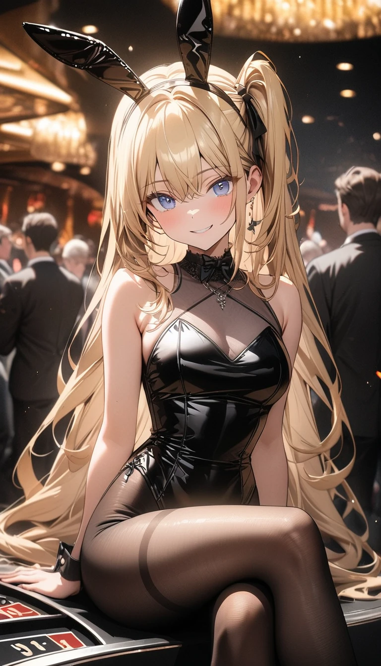 ((masterpiece)), ((Highest quality)), (anime:1.3), (Super Detail:1.2), (High resolution:1.3), (Professional photography:1.4),Smet Photos,masterpiece, Highest quality, Cinema Lighting, One girl, Handsome girl, Cowboy Shot, View your viewers, At the Casino, Blonde, Very long hair, Long Side Up Hair, Long side ponytail, blue eyes, Droopy eyes, Mischievous Smile, Black Playboy Bunny, Black Pantyhose, fake animal ears, Black rabbit ears, Light-reflecting clothing, /Sitting, Crossing your legs/