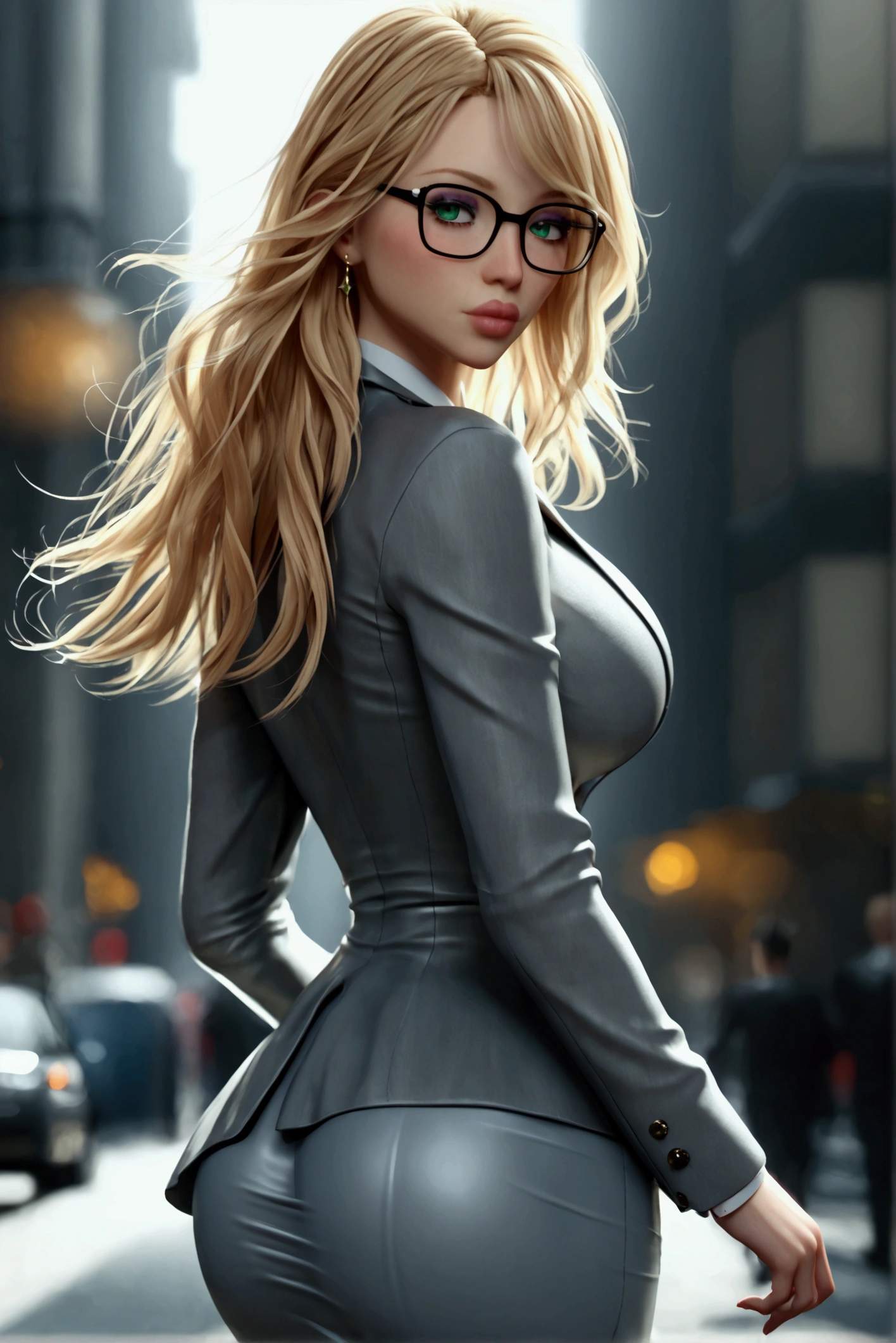 sexy woman,slim,(huge breasts)(busty)(huge legs)(Wide hips and small waist)(huge ass)He wears a formal grey jacket with a white shirt,and a short grey skirt,her outfit is very tight on her,She has medium blonde hair,very striking green eyes, glasses.She is walking through a city (hyper realistic background)(very detailed background)(Woman with her back to the bed and posing)(Look at the camera)(Her ass is in close-up in front of the camera)(perfect and sexy curves)(Daytime city background)(anime style woman)