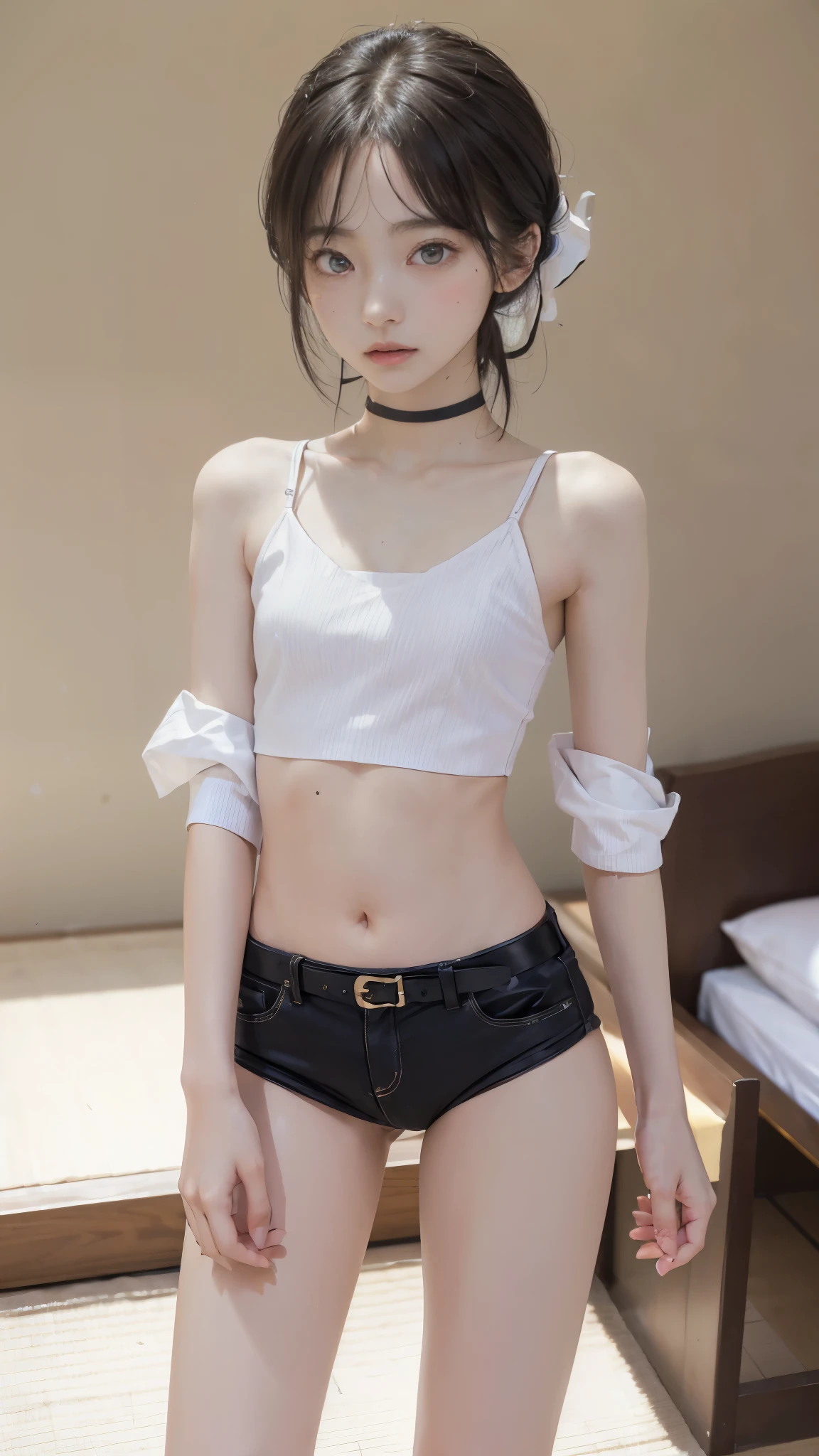 pink panties, Japanese, high school girls, (((flat chest))), (flat chest:1.1), Perfect Face, two girls, Beautiful big eyes, twins, Masterpiece, Best quality, offcial art, Extremely detailed Cg Unity 8K wallpaper, 2 girls, cute female, hair adornments, Short shorts, Crop top, Pantyhose, ribbon_choker necklace, leg belt, masterpiece, (((flat chest))), (flat chest:1.1), best quality, A-cup, Small breasts, detailed face, Thin legs, long legs, too long legs, Beautiful face, lovely, Cute twin girls, Long thin legs, thin thighs, High-resolution model, High detail, high quality, Very detailed, Ultra high definition, Textured skin, Anatomically correct, Anatomically correct, Ultra high definition, Very detailed, Textured skin, 