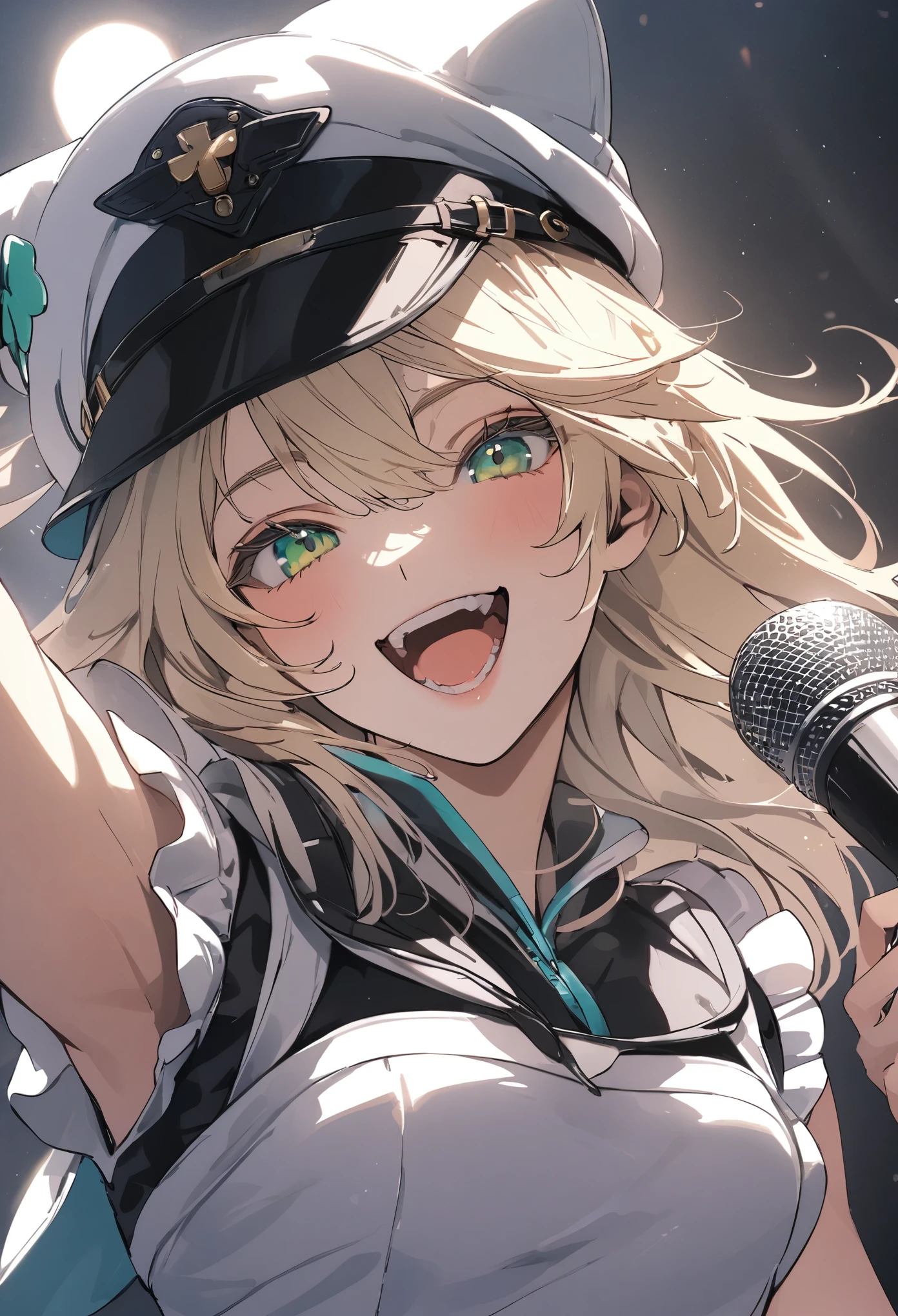 aashigure,live,Sing a song,microphone,Spread your arms,blonde hair,green eyes,fun,Penlight,Penlight in the background,1girl, hololive, pastel colors, maid,happy,Retirement,bright,Light Masterpiece, best quality, newest, very aesthetic, absurdres, absolutely resolution, ultra detailed, 8k, super fine illustration, highly detailed beautiful face and eyes, perfect anatomy, professional lighting, sailor hat