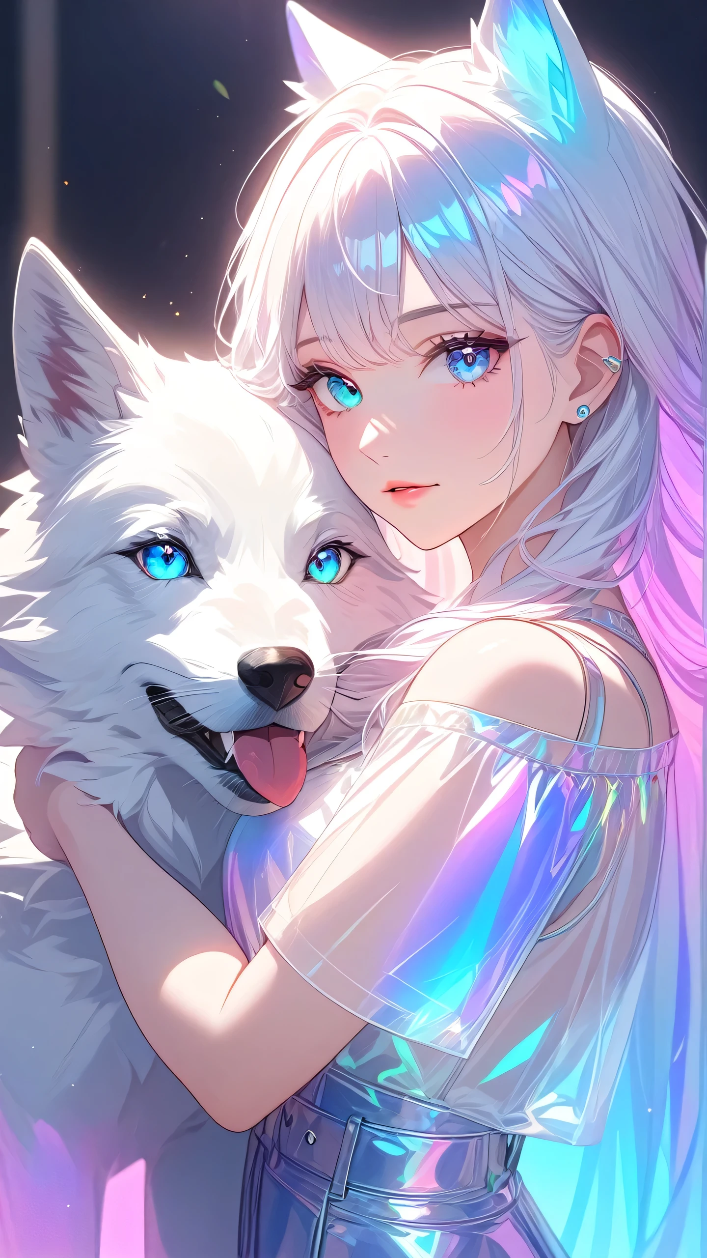 (Masterpiece, best quality:1.2), 1girl, detailed face, detailed skin, detailed eyes, detailed lips, transparentcolorvinylclothing, transparentcolorPVCclothing, chromaticaberration, prismatic, holographic, hugging white wolf 