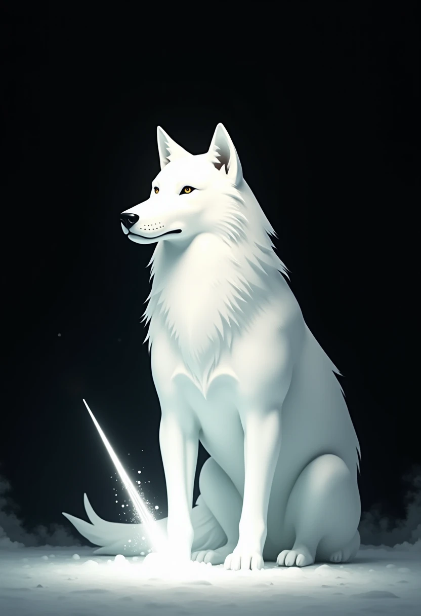 Title: Cŵn Annwn of Welsh Mythology Description: Draw a Cŵn Annwn, a spectral dog from Welsh mythology. This mythical being should convey a supernatural and mysterious aura. Here are the specific details: Body: The Cŵn Annwn is a large dog, the size of a wolf, with a well-defined yet slender musculature. Its fur is white as snow, reflecting the light around it, almost glowing in an ethereal tone. Fur: The fur is long and thick, especially around the neck where it forms a kind of mane, and the tail, which should be voluminous and seem almost alive. The fur should appear a bit wild and disheveled. Eyes: The eyes of the Cŵn Annwn are one of its most distinctive features. They should be a bright red, shining intensely against the light background of the fur. The eyes should convey intelligence, ferocity, and a touch of sadness. Snout and Teeth: The snout is long and narrow, with large, sensitive nostrils. The teeth are sharp and slightly visible even when the mouth is closed, suggesting the threat of a predator. When the mouth is open, it should reveal long and frightening fangs. Ears: The ears are pointed and always erect, alert to any sound. They should be a vivid red, contrasting strongly with the white fur. Paws: The paws are large and strong, adapted for running long distances and hunting. The claws should be visible, sharp, and slightly elongated. Environment: The Cŵn Annwn should be in a setting that reinforces its spectral nature. It could be a dark, misty forest or an open field under a starry sky with a bright full moon shining in the background. The environment should feel mysterious and ethereal. Supernatural Aura: Add a slight glow or aura around the Cŵn Annwn to highlight its supernatural nature. The aura can be a soft blue or green hue, just enough to suggest that this being does not belong to the world of the living.
