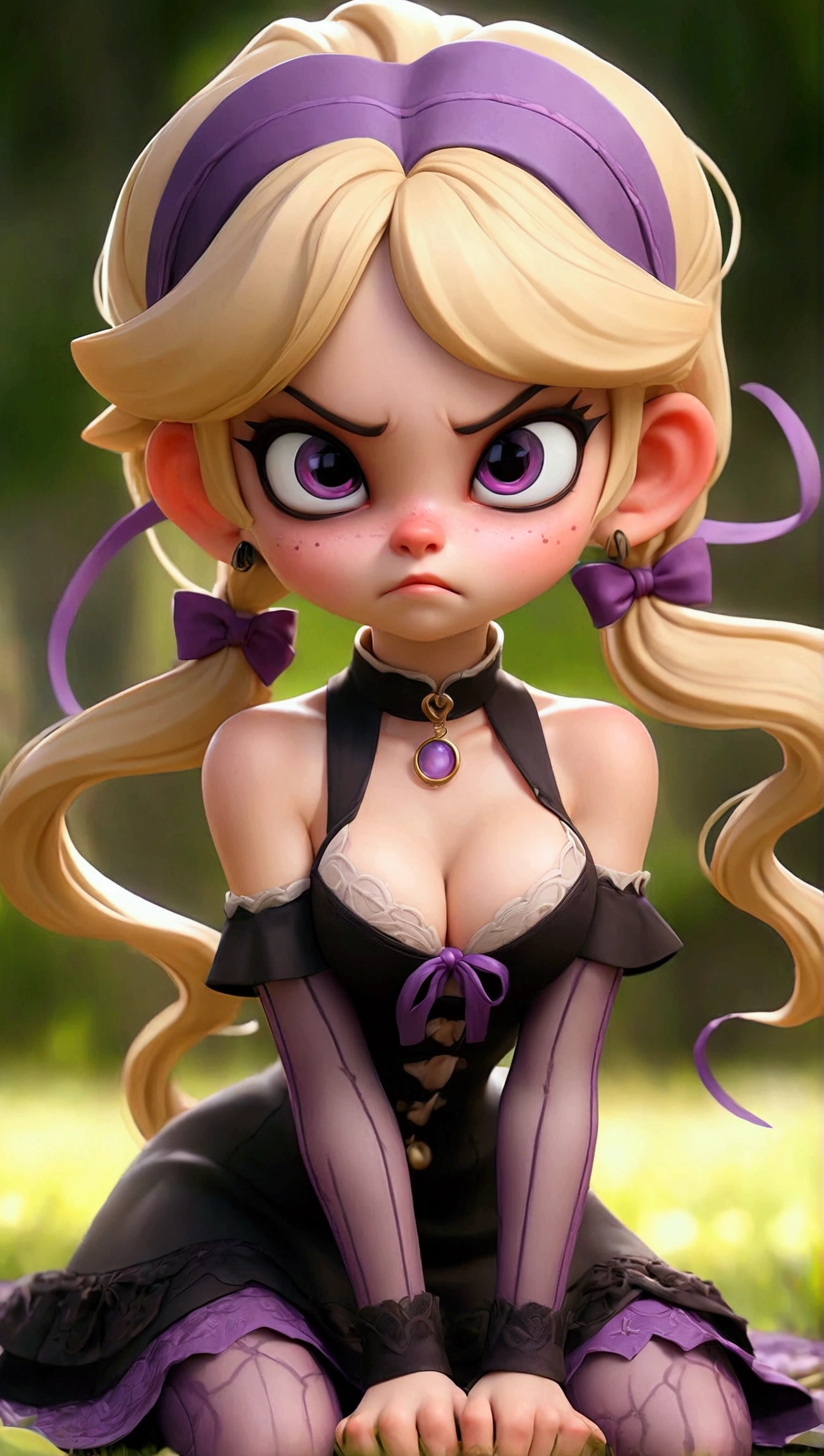 (Full body picture:1.5) of little child demon in seductive lace purple transparent stockings with patterns, knees on a ground in public park, detailed anatomical features, high resolution, masterpiece, extremely detailed, best quality, 8k, structured skin, super detailed, long black hair, french bangs, breasts,  Full Body Character Sheet, High resolution, Looking at the viewer, blonde hair, big boobs, blushing, open mouth, Double ponytails, Moan, Multiple awards, Action picture, simple backround, from above, out of frame maiden Hochauflösung, 