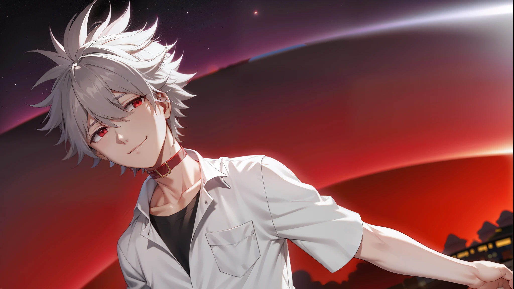 masterpiece,highres,highly detailed,male focus,1boy,独奏,kaworu nagisa, red eyes,grey hair,light smile,,Crimson Moon, Night Sky, dusk