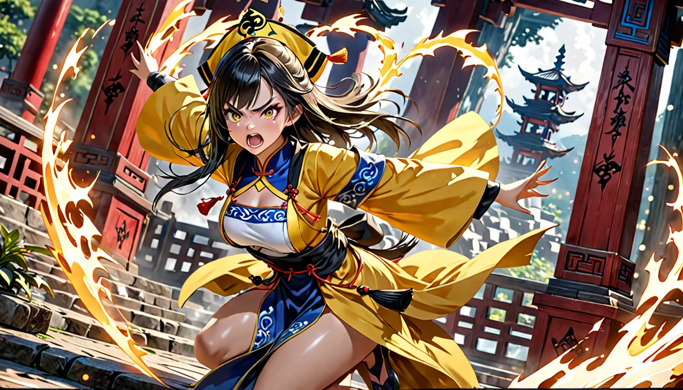 a beautiful young taoist priestess, yellow taoist robe, black bagua pattern, magical spells, shikigami attack, angry expression, shikigami floating around, best quality, 4k, 8k, highres, masterpiece:1.2, ultra-detailed, realistic, photorealistic, photo-realistic:1.37, hdr, uhd, studio lighting, ultra-fine painting, sharp focus, physically-based rendering, extreme detail description, professional, vivid colors, bokeh, fantasy, anime, concept art