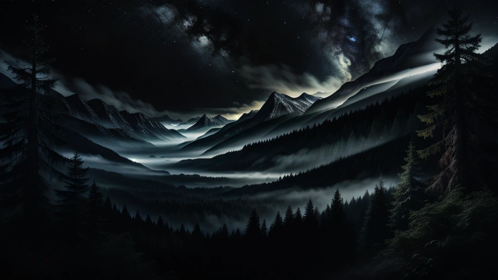 Pitch black darkness, great forest, stars in the night sky, fantastic, fog, majestic