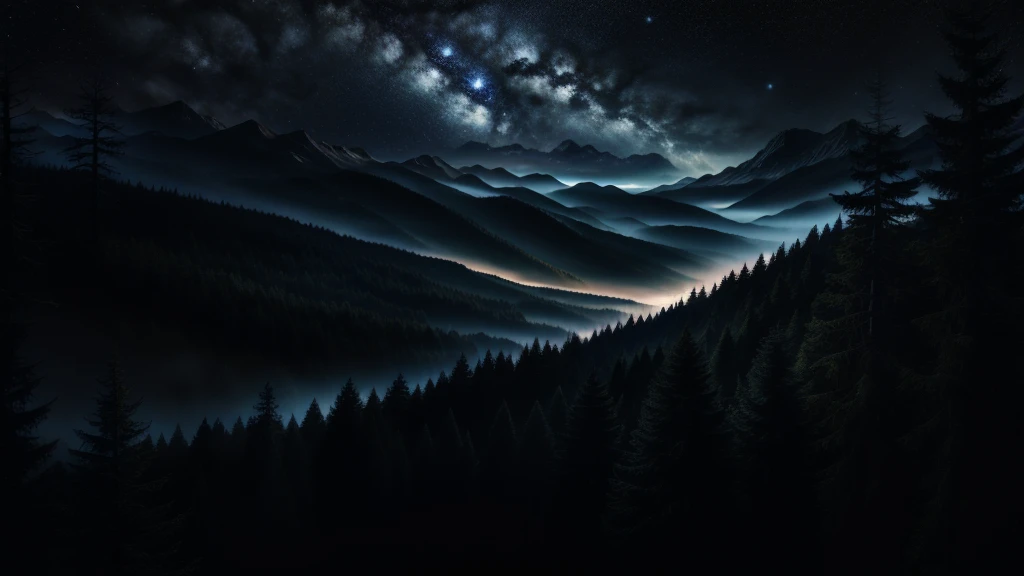 Mysterious darkness, great forest, view looking up from the ground, stars in the night sky, fantastic, majestic