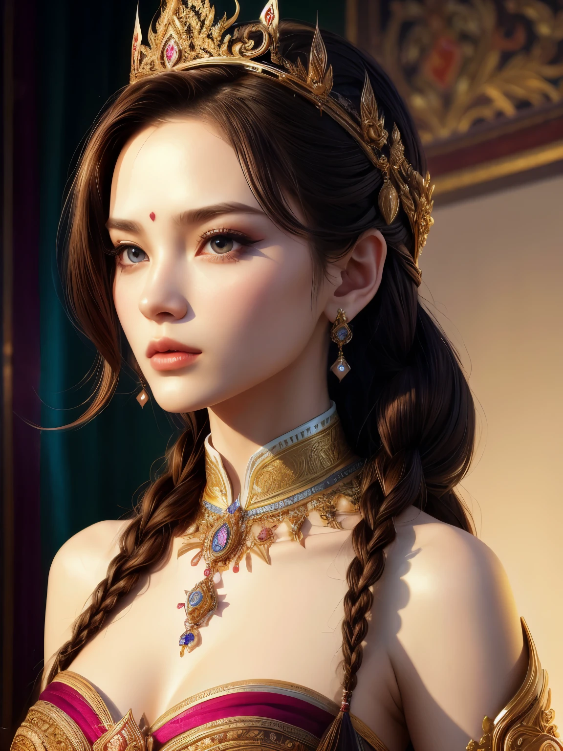 (high quality), (masterpiece), (detailed), 8K, Hyper-realistic portrait of (beautiful Thai maiden1.3) showcases exquisite (traditional attire1.2) adorned with (delicate patterns1.2) and (jeweled accents1.2). (Silk fabric1.2) drapes elegantly across (slender shoulders1.2) as (golden headdress1.2) crowns (porcelain skin1.2). (Large brown eyes1.2) shine with gentle warmth, while (intricate braids1.2) frame (heart-shaped face1.2). In style of Loish, trending on Artstation.