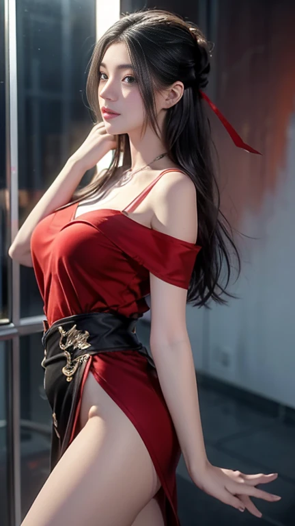 ((whole body)), 1 girl, Long hair, Red outfit, Black Hair, Long legs, Slender eyes, Charming eyes, Three slender red hairpins, Elongated eyebrows, Tall and skinny, Clothes fluttering, （Very fine details1.2）, Big and round breasts, （Sexy pose）, Red silk, Leaking breasts, Off-shoulder, Raise an eyebrow, barefoot, Bare Legs, Delicate face, Fluffy hair, Transparent clothes, Gradient eyes, Colored contact lenses, charm, （（Dance））, Surrealism, Ray Tracing, reflected light, High Detail, , Retina, masterpiece, Anatomically correct, High Details, high resolution, 8K, Super Detail