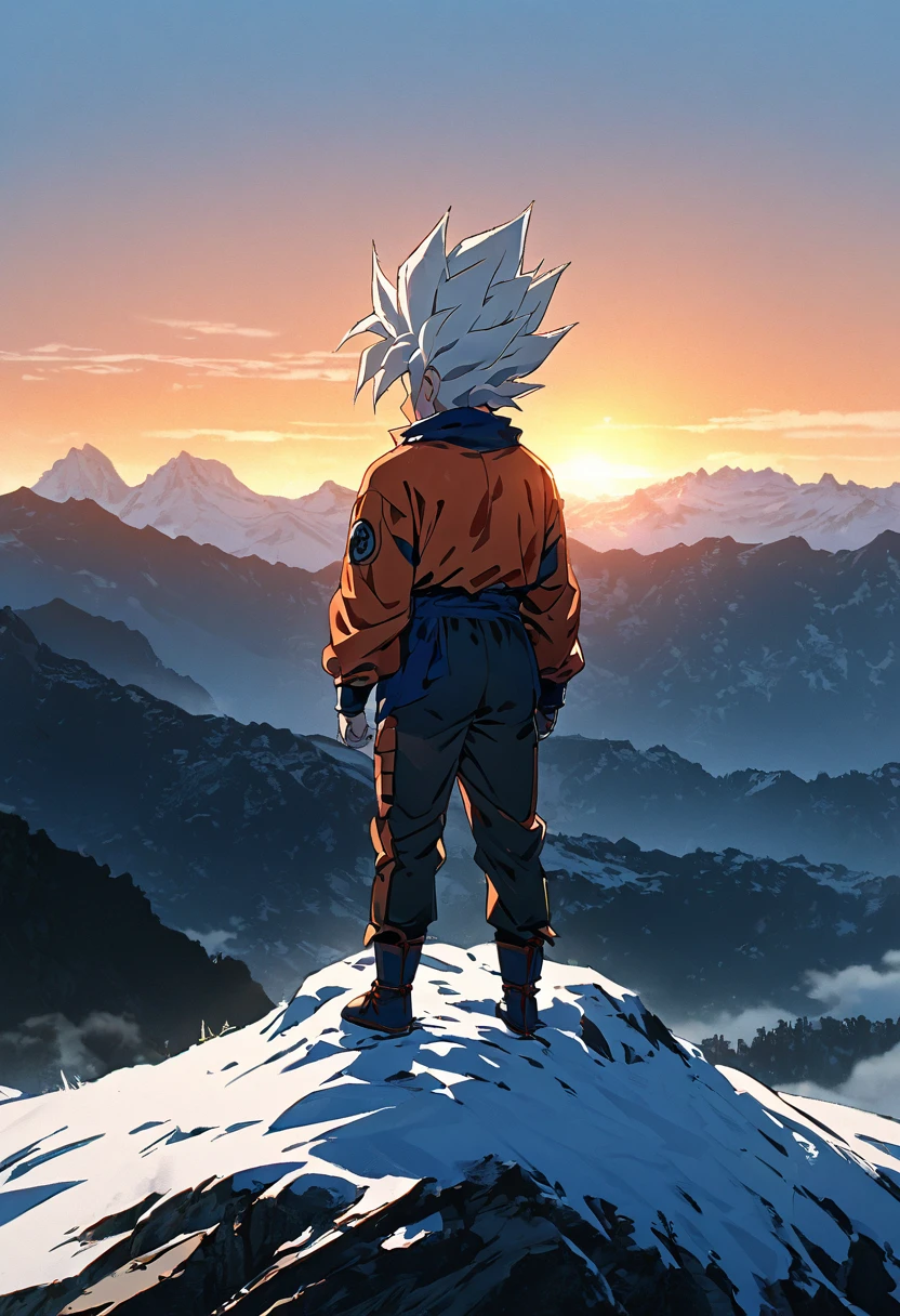 Goku, from behind,With an exaggeratedly large and round butt,without pants,on top of a mountain, with a sunset, best quality Full hd ultra 4k max