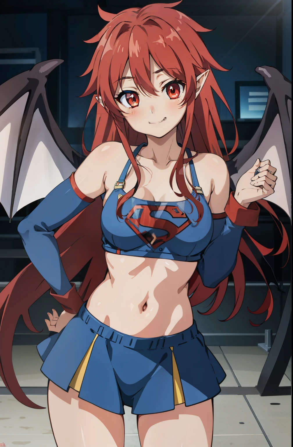 MariSetogoya, 1girl, smile, solo, long hair, red eyes, red hair, wings, pointy ears, fang, bat wings, demon wings, looking at viewer, blush, smile, large breasts, collarbone, standing, dynamic pose, 8k, masterpiece, best quality, absurdres, perfect anatomy, cinematic lighting, cowboy shot, (supergirl costume:1.1), Model Face