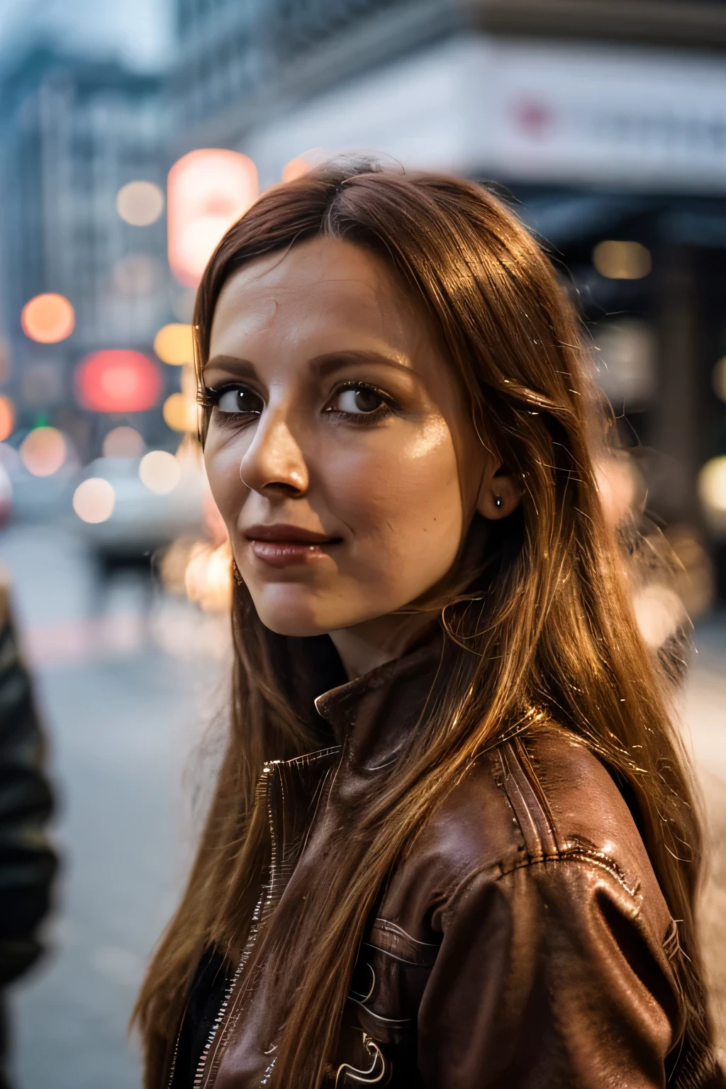 ChiaraT, gringer hair, pale skin, long hair, cinematic photo, solo, looking at viewer, a stunning intricate full color portrait of a beautiful woman wearing a red suede jacket with skinny jeans, on a crowded street in New York during rush hour, epic character composition, by ilya kuvshinov, alessio albi, nina masic, sharp focus, subsurface scattering, f2, 35mm, film grain, sexy smile, 35mm photograph, film, bokeh, professional, 4k, highly detailed, masterpiece, best quality, ultra-detailed, contrast, analog style (look at viewer:1.2) (skin texture) (film grain:1.2), (warm hue, warm tone) :1.1), close up, cinematic light, sidelighting, ultra high res, RAW photo.
