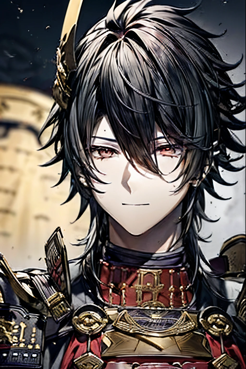 1boy, male, masterpiece, best quality, perfect face, expressive eyes, intricate details, samurai armor, samurai helmet, sashimono, red hair, yellow eyes, detailed, adult, highly detailed, cinematic lighting, epic, dramatic, full body, 