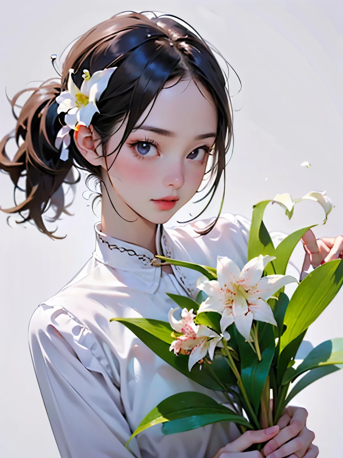 (A girl is holding a lily flower:1.2)、(Accurate flower shape:1.2)、(Blur the background)、((White Background))、((Plain background))、((No logo))、(Highest quality、High resolution、masterpiece)、4K、8k、wallpaper、