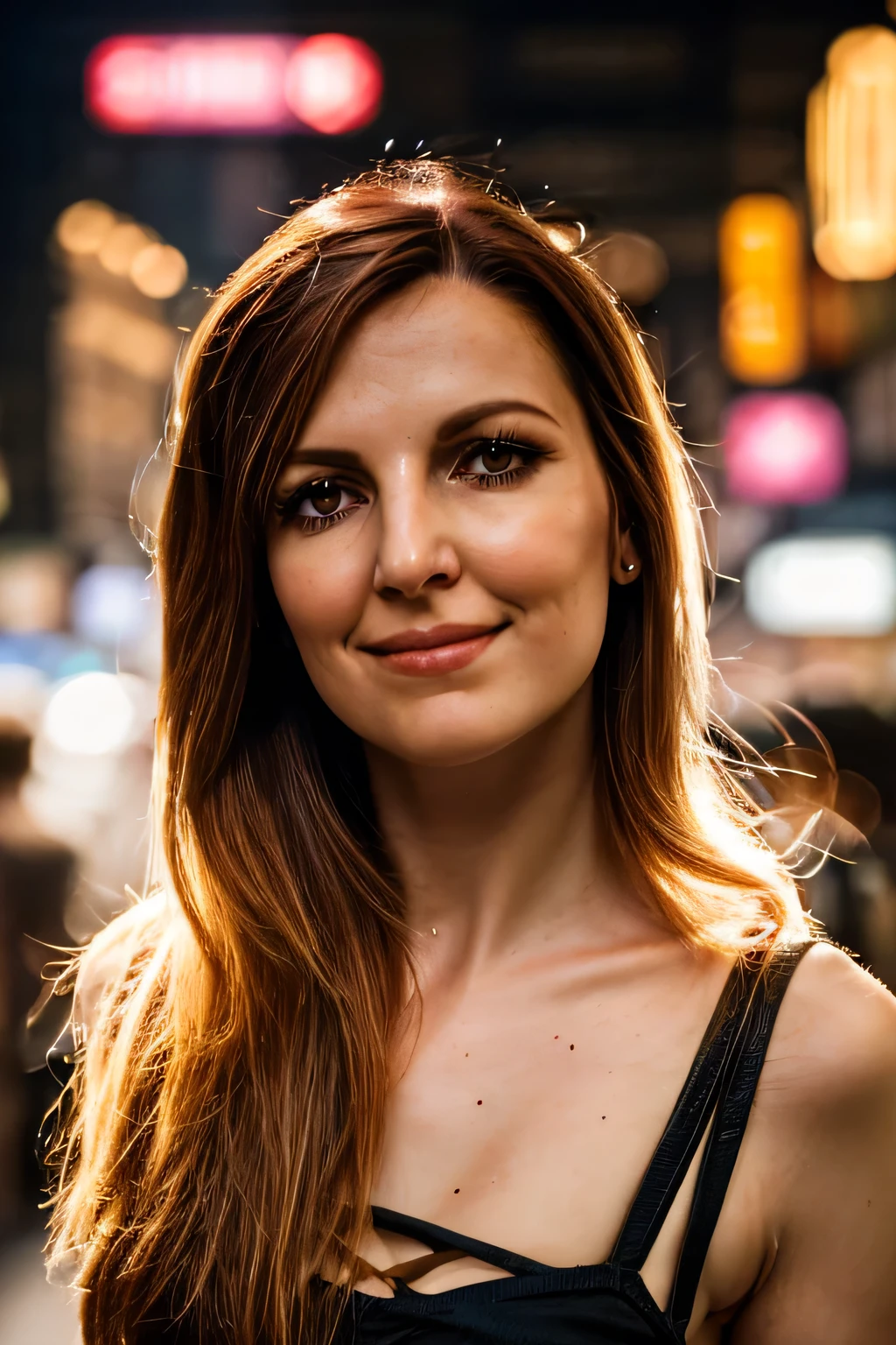 ChiaraT, gringer hair, pale skin, long hair, cinematic photo, solo, looking at viewer, a stunning intricate full color portrait of a beautiful woman wearing a black tank top with skinny jeans, on a crowded street in New York during rush hour, epic character composition, by ilya kuvshinov, alessio albi, nina masic, sharp focus, subsurface scattering, f2, 35mm, film grain, sexy smile, 35mm photograph, film, bokeh, professional, 4k, highly detailed, masterpiece, best quality, ultra-detailed, contrast, analog style (look at viewer:1.2) (skin texture) (film grain:1.2), (warm hue, warm tone) :1.1), close up, cinematic light, sidelighting, ultra high res, RAW photo.