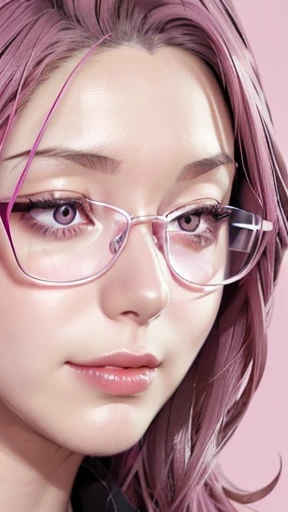 Close-up of a woman with pink hair wearing glasses, artwork in Guvez style, Guvez, kawaii realistic portrait, inspired by Seihiko-kun, glowing pink face, pink girl, beautiful anime portrait, pink glasses, glowing pink eyes, realistic anime 3 D style, Yanjuncheng, realistic anime art style, ((pink)8k