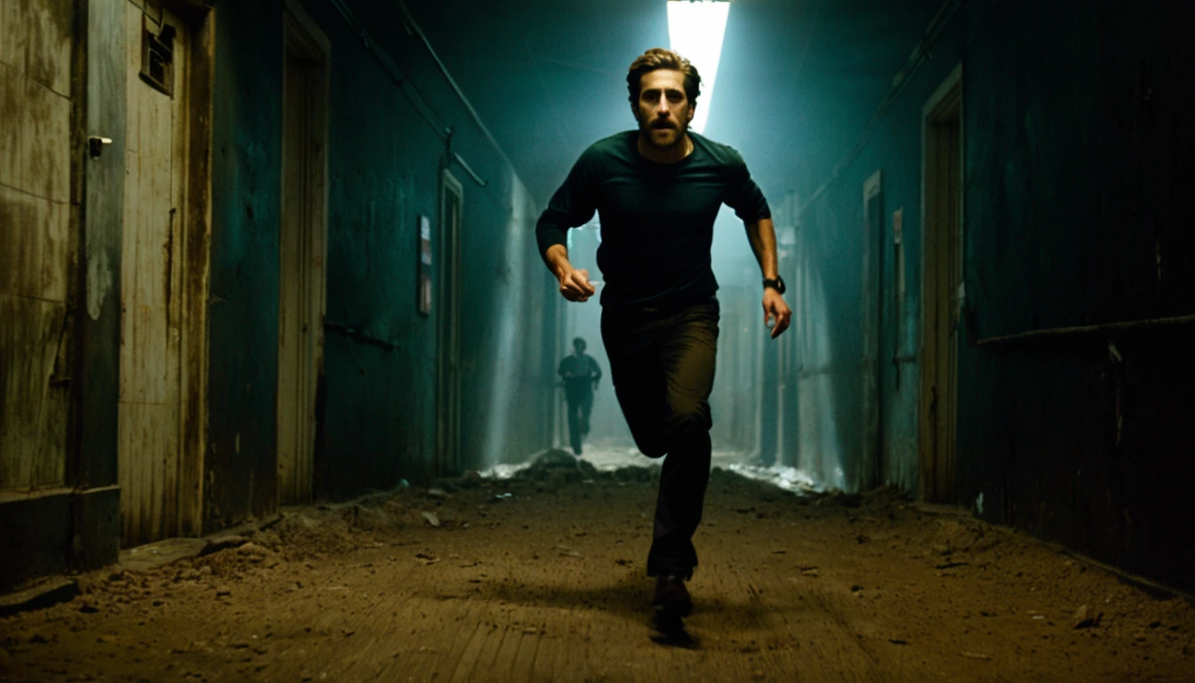 A chaotic, narrow corridor filled with complete darkness, where a group of people is desperately running for their lives. The lead figure (Jake Gyllenhaal) is seen sprinting through the narrow passage, his face filled with determination and panic. Behind him, dim lights flicker erratically, casting unsettling shadows on the walls. The walls of the corridor seem to close in, as though the space is warping, creating a claustrophobic atmosphere. Strange, ghostly shapes or faint silhouettes chase after them from the darkness, barely visible but menacing. The air is filled with tension, as dust and debris float in the dim light, while the characters race toward an unseen exit. The image conveys a sense of urgency, fear, and the looming threat of something monstrous in the darkness.