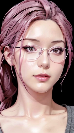 [[[Close-up of]]] a woman with pink hair wearing glasses, artwork in Guvez style, Guvez, kawaii realistic portrait, inspired by Seihiko-kun, glowing pink face, pink girl, beautiful anime portrait of female model's upper body from her head to her hips, pink glasses, glowing pink eyes, realistic anime 3 D style, Yanjuncheng, realistic anime art style, ((pink)8k