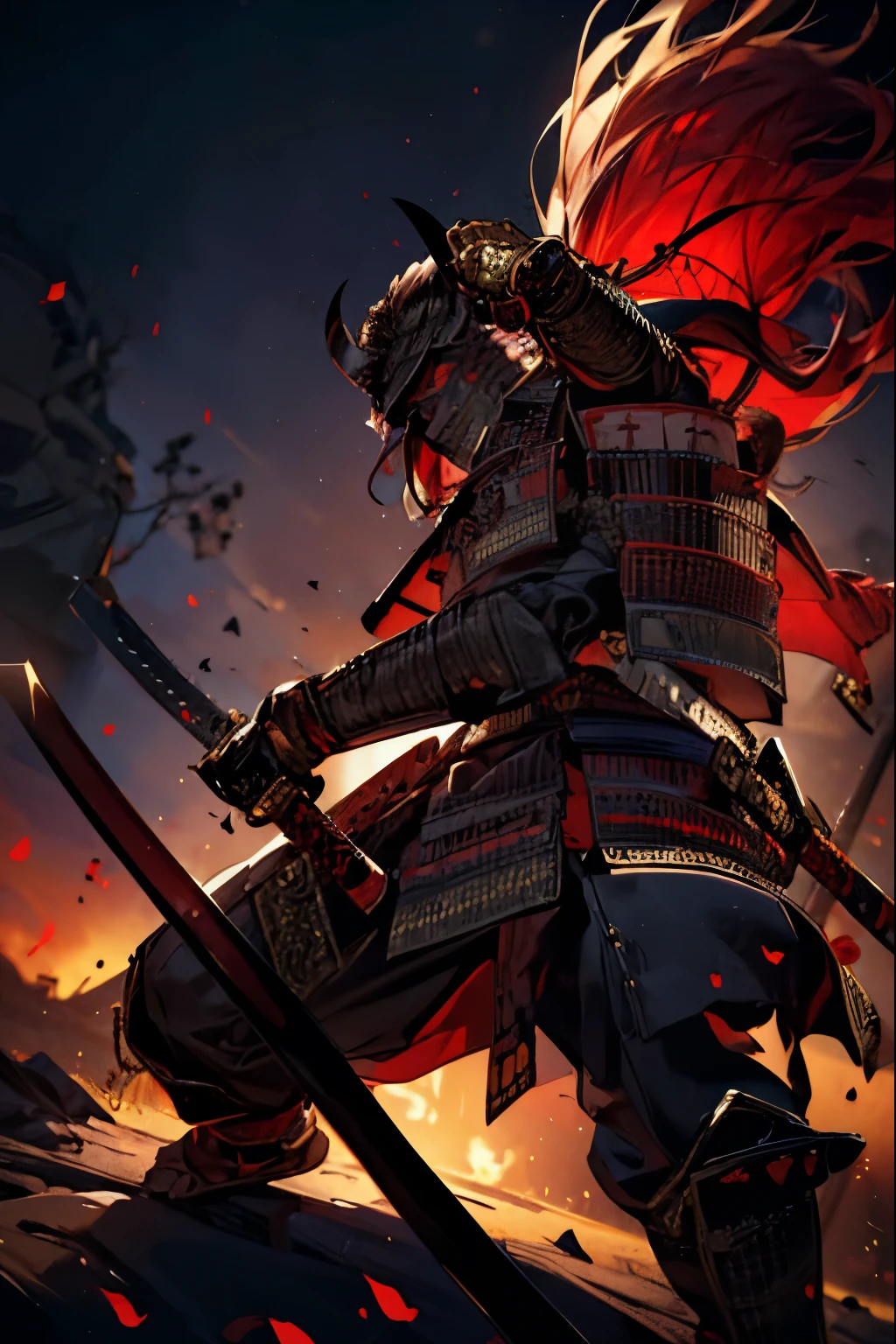 1boy, male, masterpiece, best quality, intricate details, samurai armor, samurai helmet, red hair, yellow eyes, highly detailed, cinematic lighting, epic, dramatic, full body, samurai mask, (banners), warrior, katana, sword, battle scene, dynamic pose, dramatic shadows, fire, Japanese scenery, rocky landscape, battlefield