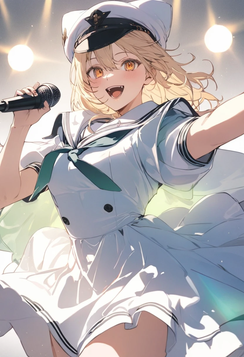 aashigure,live,Sing a song,microphone,Spread your arms,blonde hair,orange eyes,fun,Penlight,Penlight in the background,1girl, hololive, pastel colors,dress,happy,Retirement,bright,Light Masterpiece, best quality, newest, very aesthetic, absurdres, absolutely resolution, ultra detailed, 8k, super fine illustration, highly detailed beautiful face and eyes, perfect anatomy, professional lighting, sailor hat