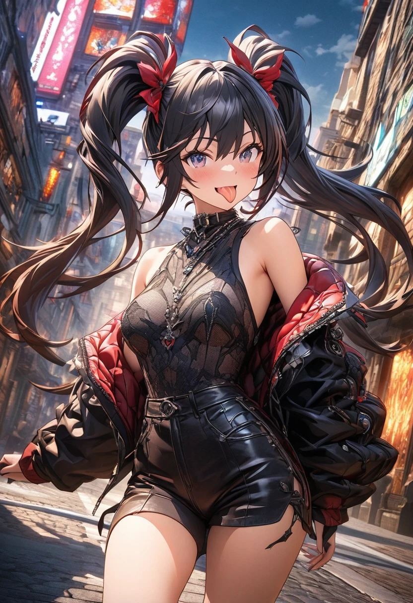 tongue、masterpiece, Highest quality, Highly detailed CG Unity 8k wallpaper, Twin-tailed gal. Unusual fashion. The background is a street lined with buildings. Octane Rendering Style. 2.5D Art.