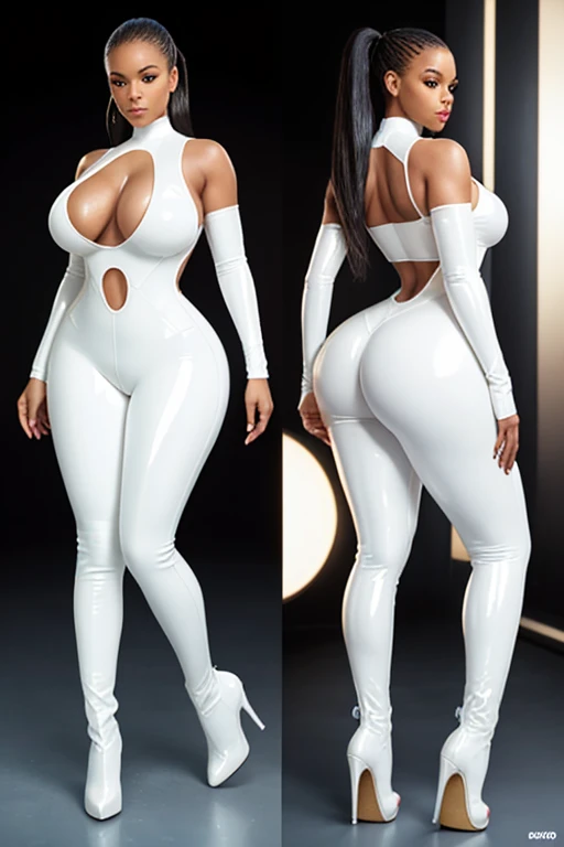 women,brown skin,black long hair, dark brown eyes, white tight bodysuit, big breast, white Trousers,standing,HDR.detailed skin, Realstic skin texture, 