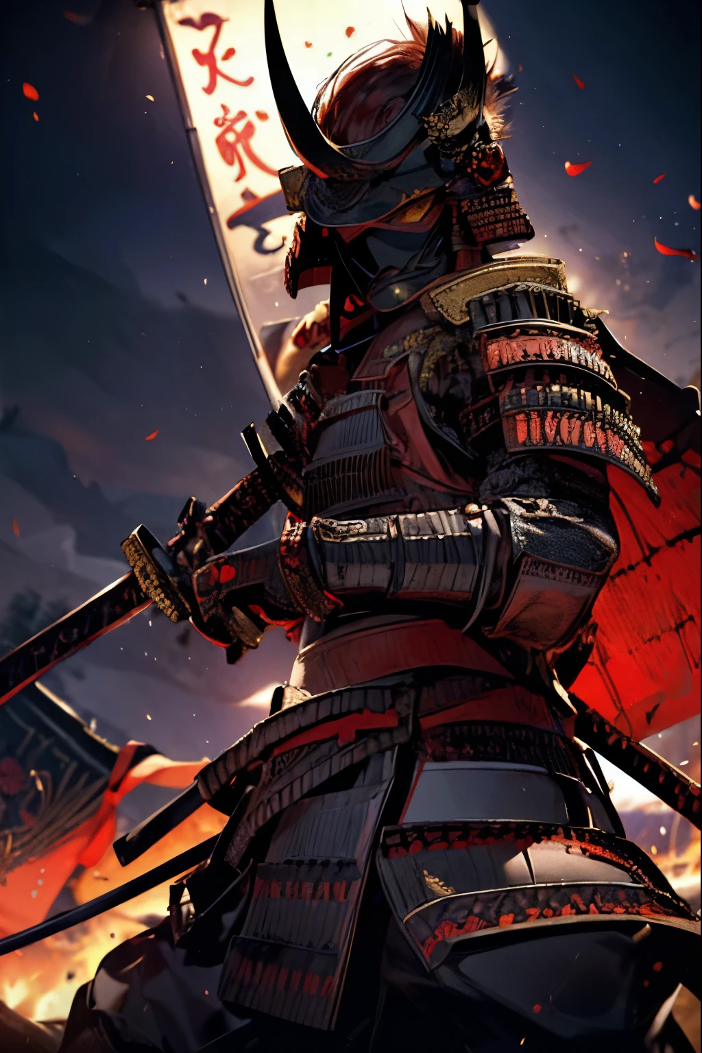 1boy, male, masterpiece, best quality, intricate details, samurai armor, samurai helmet, red hair, yellow eyes, highly detailed, cinematic lighting, epic, dramatic, full body, samurai mask, (banners), warrior, katana, sword, battle scene, dynamic pose, dramatic shadows, fire, Japanese scenery, rocky landscape, battlefield