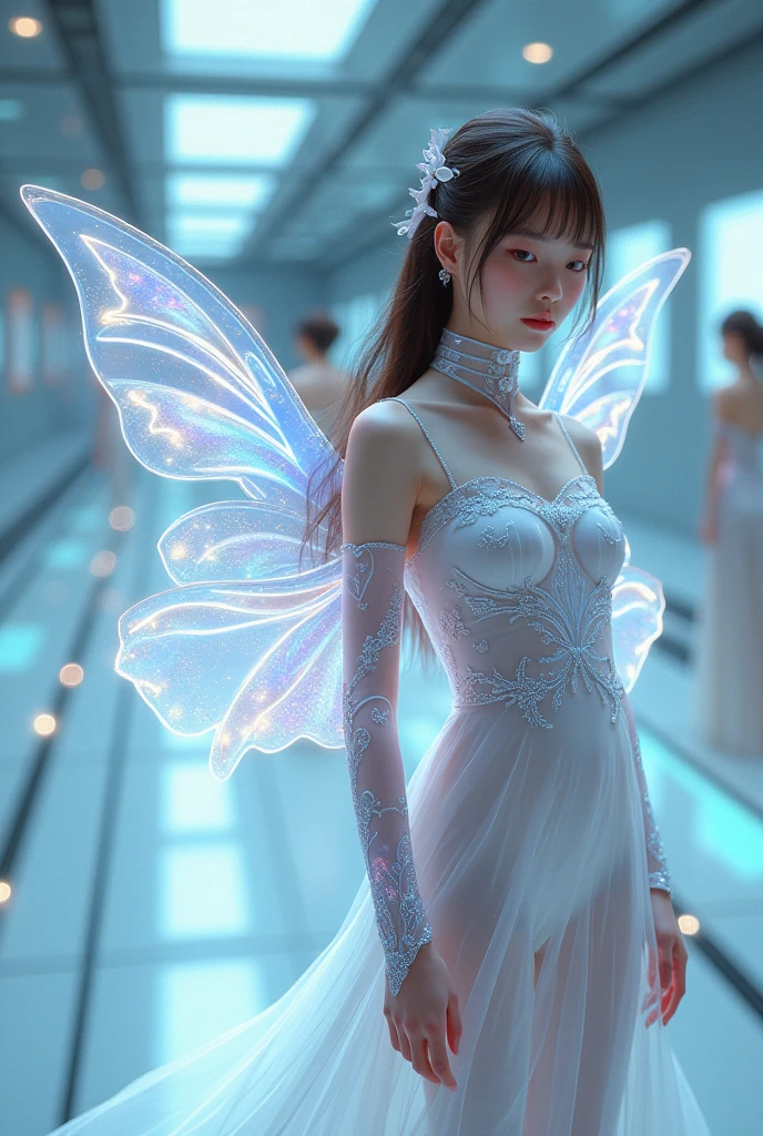 Romantic, upper body angle, beautiful perfect face_translucent luminous body, surreal, (detailed and accurate hand depiction, delicate features), dynamic colors, street of architecture, clear sky, (highest quality, 8K, surreal:1.2), (highly detailed, realistic:1.37), bright background, intricately detailed, amazing, fluorescent, glowing, bioluminescent, glowing patterns.