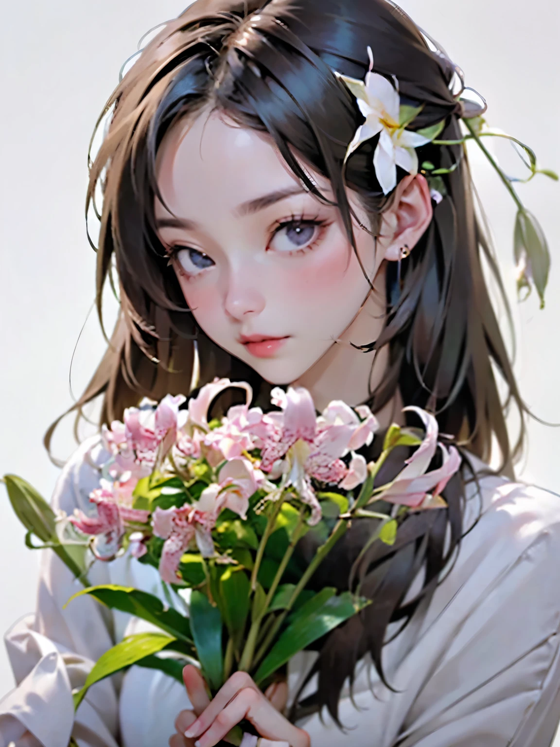 (A girl is holding a lily flower:1.2)、(Accurate flower shape:1.2)、(Blur the background)、((White Background))、((Plain background))、((No logo))、(Highest quality、High resolution、masterpiece)、4K、8k、wallpaper、