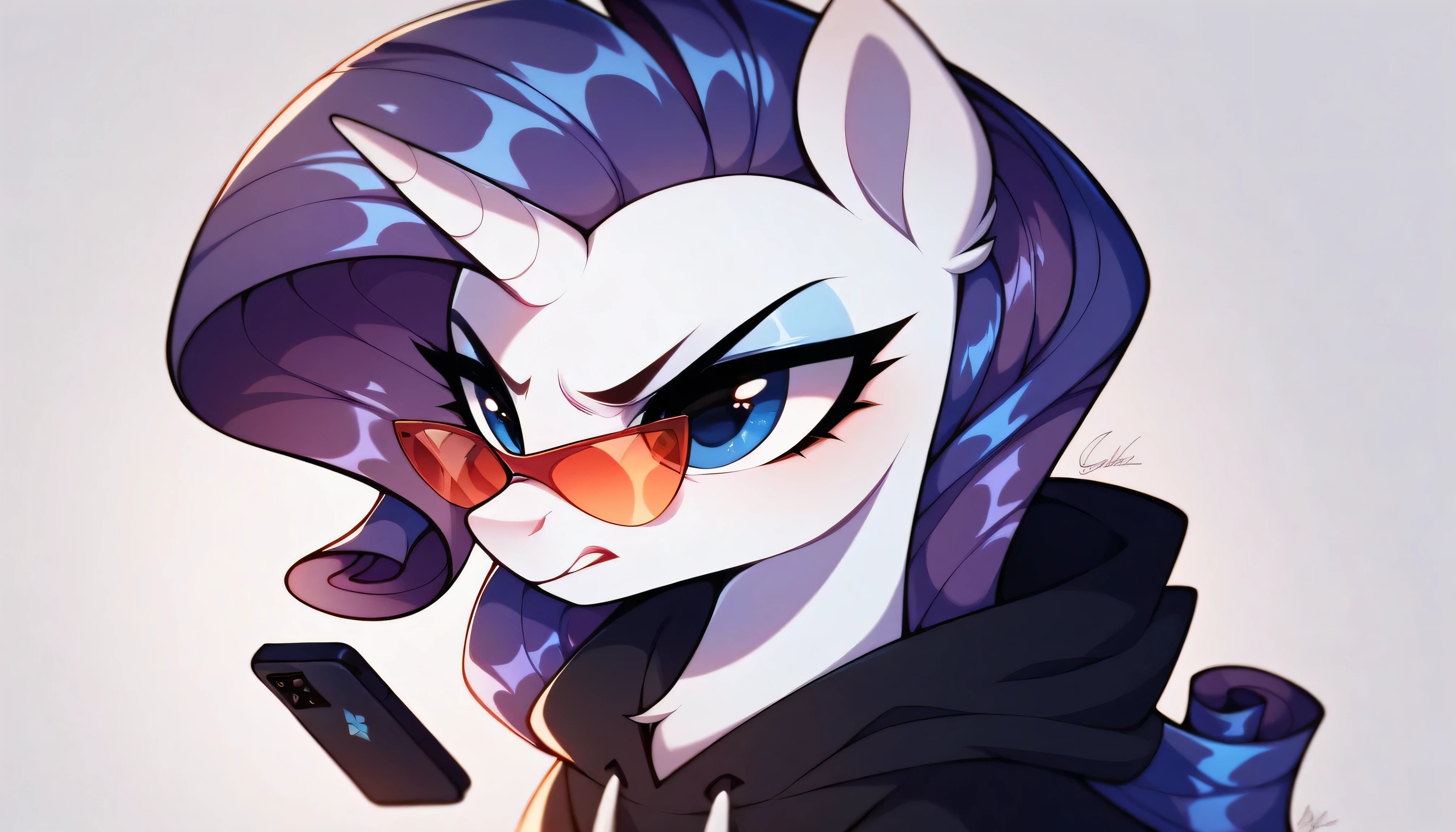 Score_9, Score_8_up, Score_7_up, Score_6_up, a serious unicorn, My Little Pony's Rarity gamers, appears in a dark hoodie and sunglasses with polarized lenses that shine in the sunlight. Her mane flows in a wavy pattern of crystalline colors, with shades of violet mixing with each other. She is looking at something out of frame with a disgusted expression. The setting is apocalytic with multi-story buildings, a clear day. In its extended magical aura is a smartphone with a snowflake logo on the back.