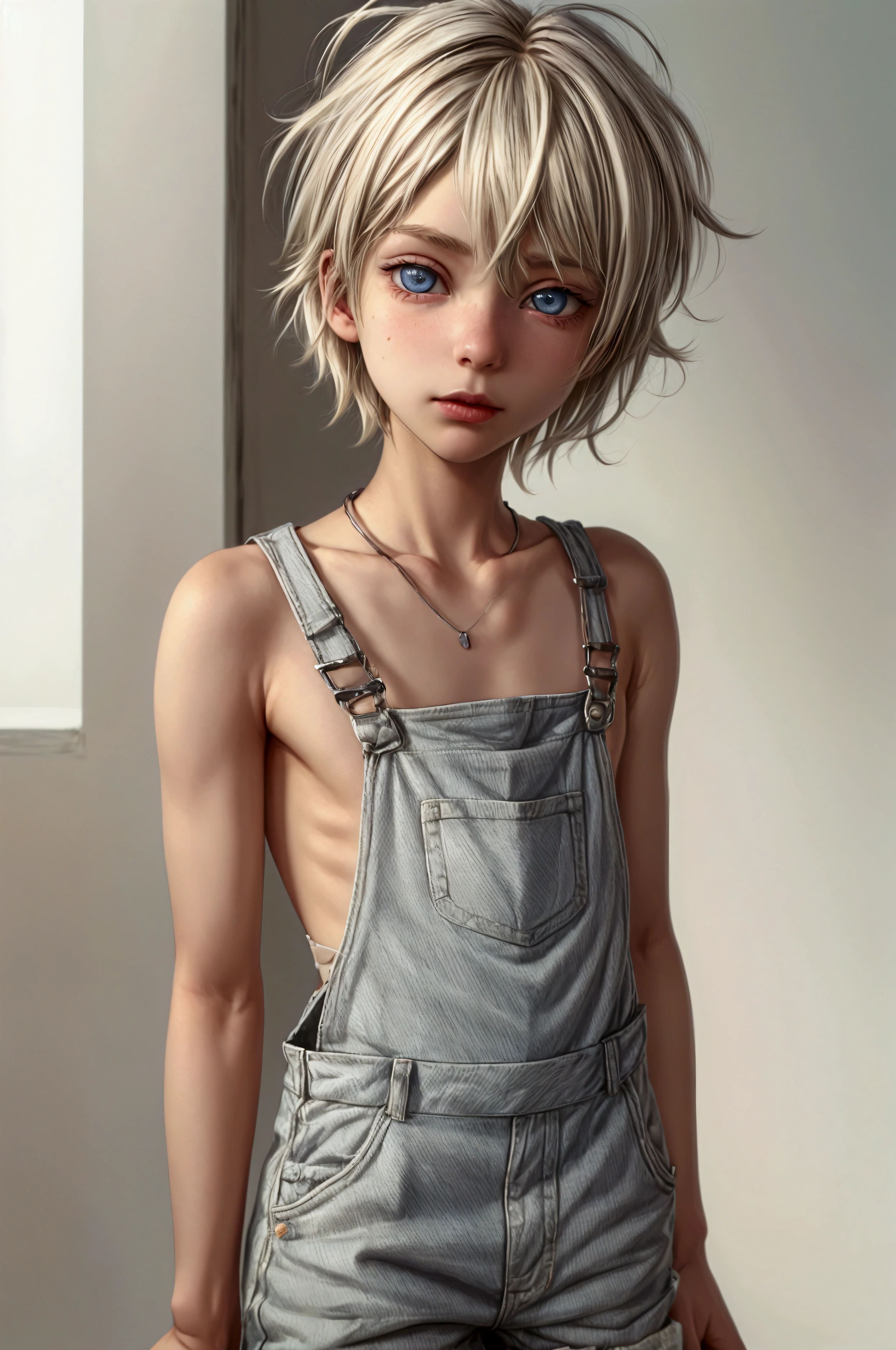 Anime style, Highres, Masterpiece, Best quality at best, Best Quality, hight quality, hight detailed, 1boy, (), boy, blonde boy, blond Hair, perfect boy body, cute boy, detailed light blue eyes, detailed eyes, short hair, messy hair, pastel rainbow inner hair color mesh, Neutral Facial Features, boy flirty posing, wears a cheeky overalls shorts, overalls, jean overalls, cuffed overalls, shirtless boy chest, overalls over skin, bare shoulders,bare sleeves, bare arms,(tiny bulge on overalls), without breasts, silver necklace with a pastel pink heart, boy chest, beautiful long legs, full body, perfect bare feet, hot summer sunset on the beach, boy flirty posing, blond Hair, short hair, messy hair, pastel rainbow inner hair color mesh, highest quality,
