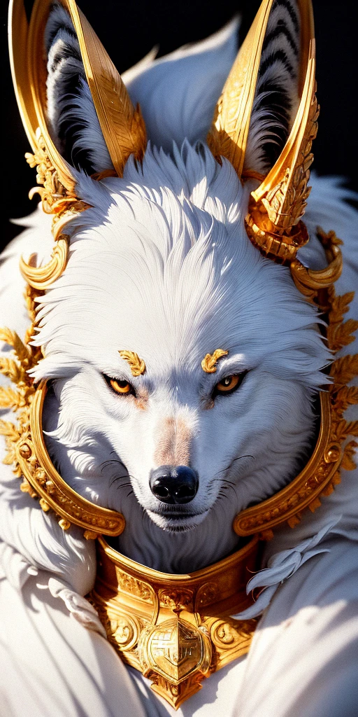 best quality, masterpiece,white wolf, gold eyes,white clothes, looking up, detailed fur, 8k, best quality, hd, highlight.