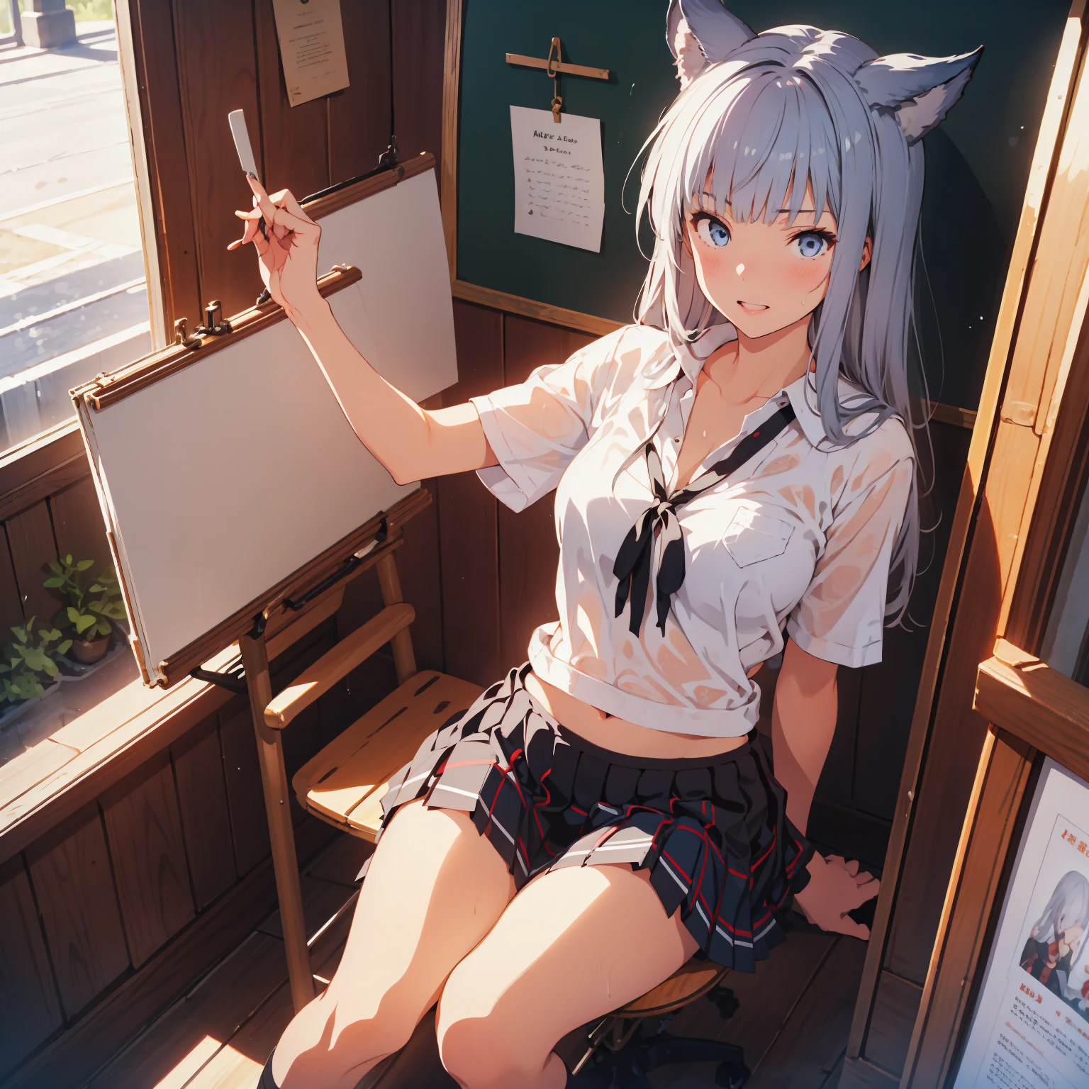 ( masterpiece), best quality, expressive eyes, perfect face, highres, portrait, moody angle, medium breast, full body, solo, embarrassed, korwa, 1girl, blue eyes, white hair, animal ears, school_uniform, white shirt, short_sleeves, navy plaid skirt, wet skirt, wet hair,  bra_visible_through_clothes, background, outdoor, light rain, School route, Elegant woman posing