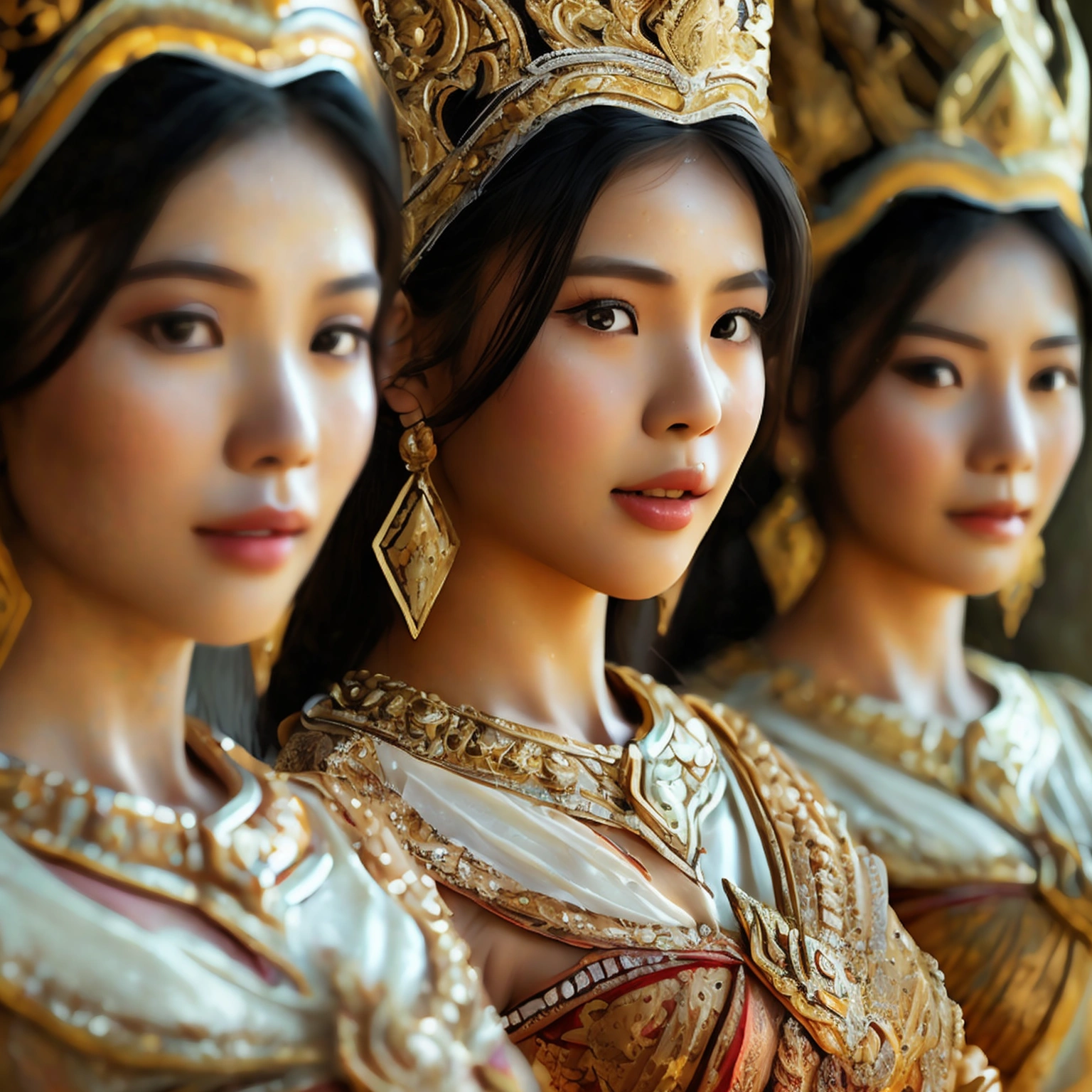 (three women), realistic details, Sharp picture, Thai girl dressed in the style of the ancient Ayutthaya Kingdom, beautiful, ((Sexy)), voluptuous, ((Age difference)), ((Different appearance))