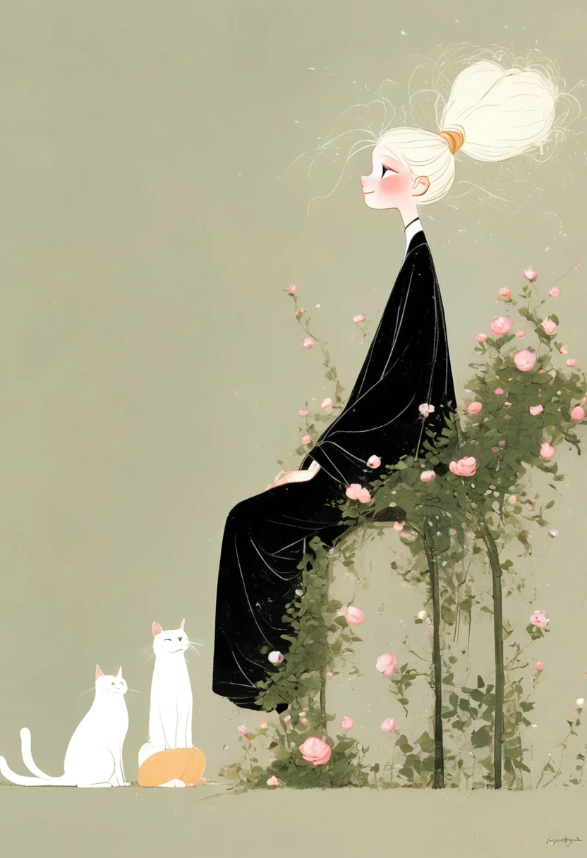 style of santiago caruso，In the style of Alessandro Gottardo【Flat coating】-
 ((best quality)), illustration, hairy, Cat, Animal ears, Tail, Black jumpsuit, 1 girl, whole body, 1 girl, Solitary, Long hair, White hair, ,Pink Eyes, Looking at the audience, Smile,Large Breasts,Perfect body,Dynamic poses，