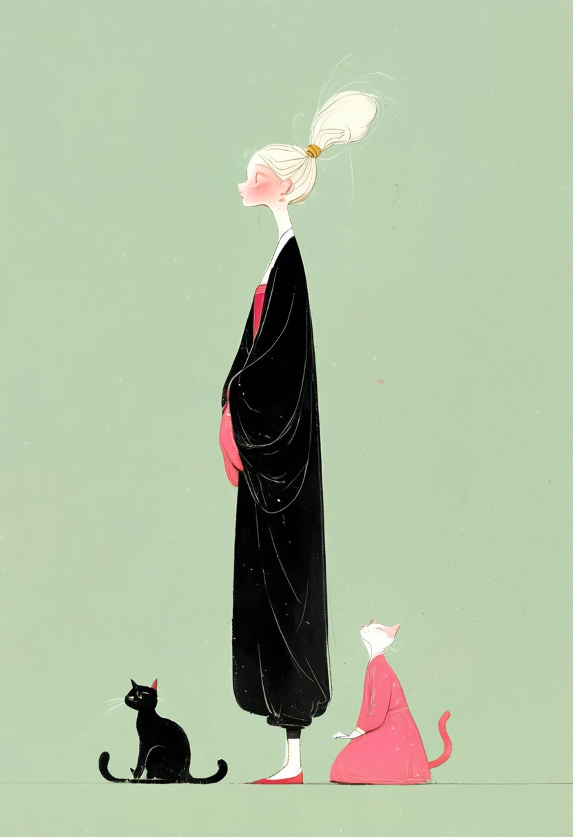 style of santiago caruso，In the style of Alessandro Gottardo【Flat coating】-
 ((best quality)), illustration, hairy, Cat, Animal ears, Tail, Black jumpsuit, 1 girl, whole body, 1 girl, Solitary, Long hair, White hair, ,Pink Eyes, Looking at the audience, Smile,Large Breasts,Perfect body,Dynamic poses，