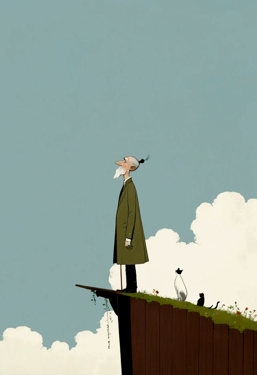 style of santiago caruso，In the style of Alessandro Gottardo【Flat coating】- ((best quality)), illustration, Ewa Poklewska-Koziełło in style of Mike Azevedo，Cartoon graffiti ， standing on a wooden stake looking into the distance，White Cloud，Fear of heights，whole body, Solid color background