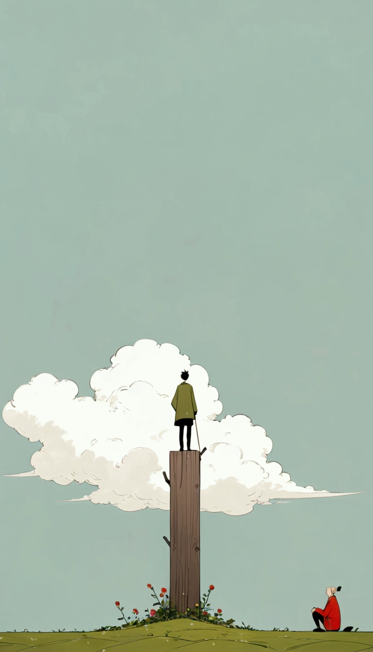 style of santiago caruso，In the style of Alessandro Gottardo【Flat coating】- ((best quality)), illustration, Ewa Poklewska-Koziełło in style of Mike Azevedo，Cartoon graffiti ， standing on a wooden stake looking into the distance，White Cloud，Fear of heights，whole body, Solid color background