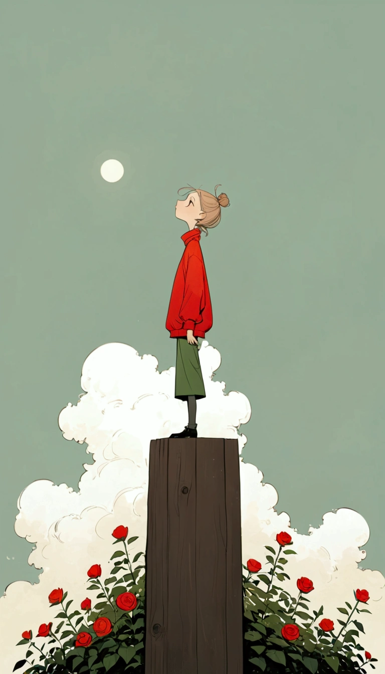 style of santiago caruso，In the style of Alessandro Gottardo【Flat coating】- ((best quality)), illustration, Ewa Poklewska-Koziełło in style of Mike Azevedo，Cartoon graffiti ， standing on a wooden stake looking into the distance，White Cloud，Fear of heights，whole body, Solid color background