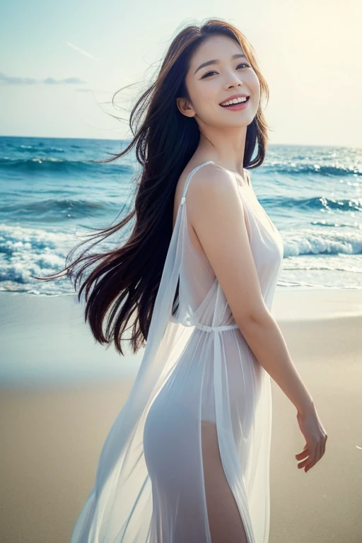 Highest quality、8k、32K、masterpiece,)Beautiful woman、Natural look、Looking into the camera 、See-through dress、Soft atmosphere、moment、No makeup、Shooting from the side、the sea is shining、Shooting from a distance、Walking on the beach with pandas、Laughter、Semi-long hair、Wind