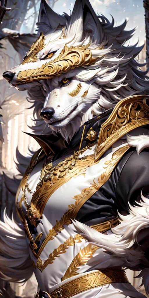 best quality, masterpiece,white wolf, gold eyes,white clothes, looking up, detailed fur, royal white clothes, menacing pose, 8k, hd, highlight.