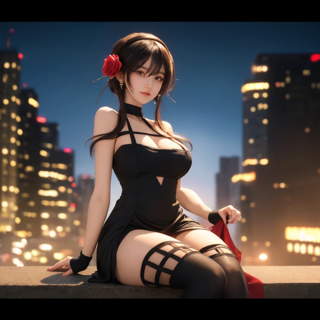 ​masterpiece、Top image quality、1人の女性、Beautiful woman sitting on the stairs、Legs wide open、Hands between the legs、qipao dress、Detailed facial expressions、Detailed eye、Detailed nose、((Detailed red lips))、(((爆乳)))、Female proportions considered everywhere、Skyscraper District、Sunset between buildings、Large circular earrings、beauty legs