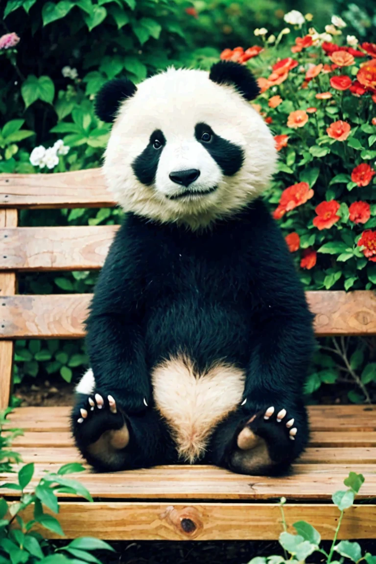 bestquality,masterpiece,high resolusion,8k photo,panda sitting on a bench in a garden, Color photograph by Evelyn Ness, Flicker, Romanticism, 1950s Style, 