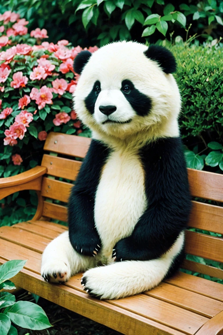 bestquality,masterpiece,high resolusion,8k photo,panda sitting on a bench in a garden, Color photograph by Evelyn Ness, Flicker, Romanticism, 1950s Style, 